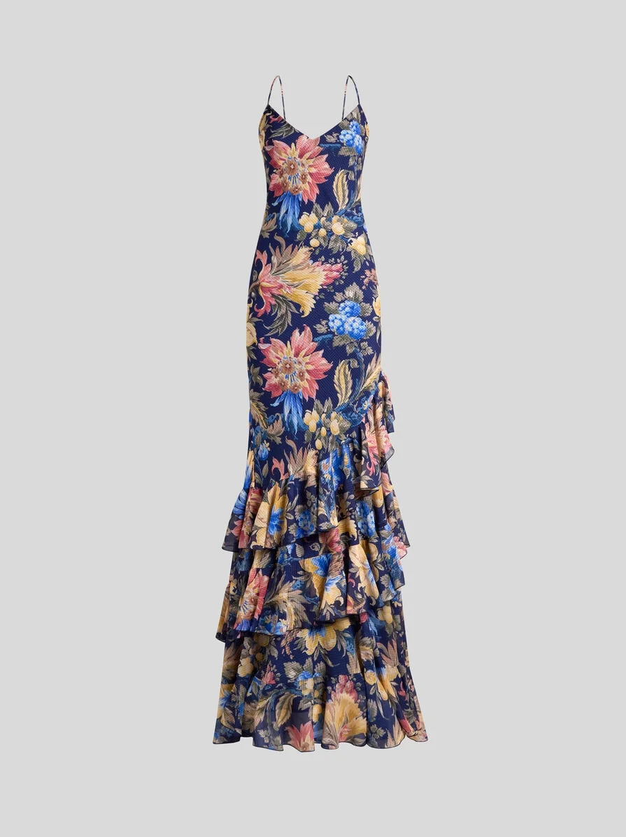LONG SEERSUCKER DRESS WITH RUFFLES AND FLORAL MOTIF - 1