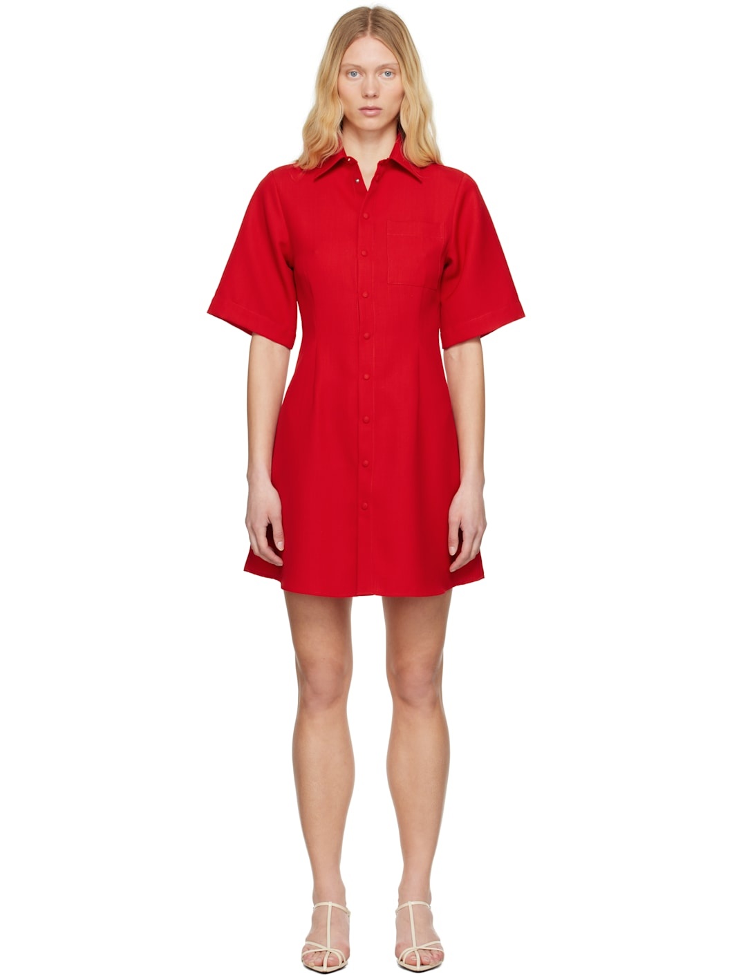 Red Wool Short Sleeve Shirt Minidress - 1