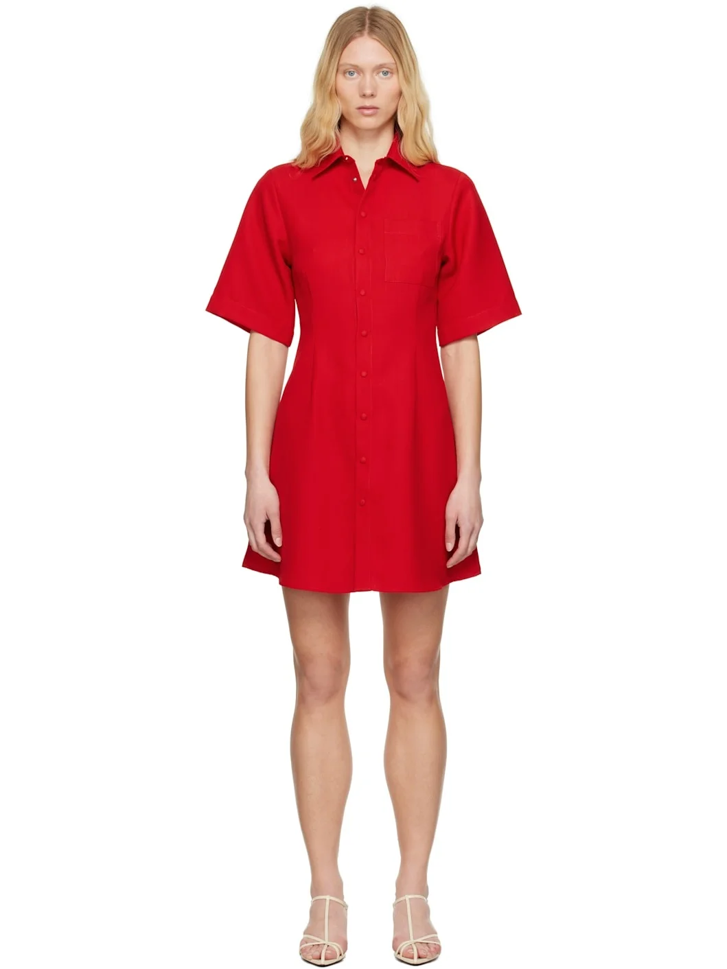 Red Wool Short Sleeve Shirt Minidress - 1