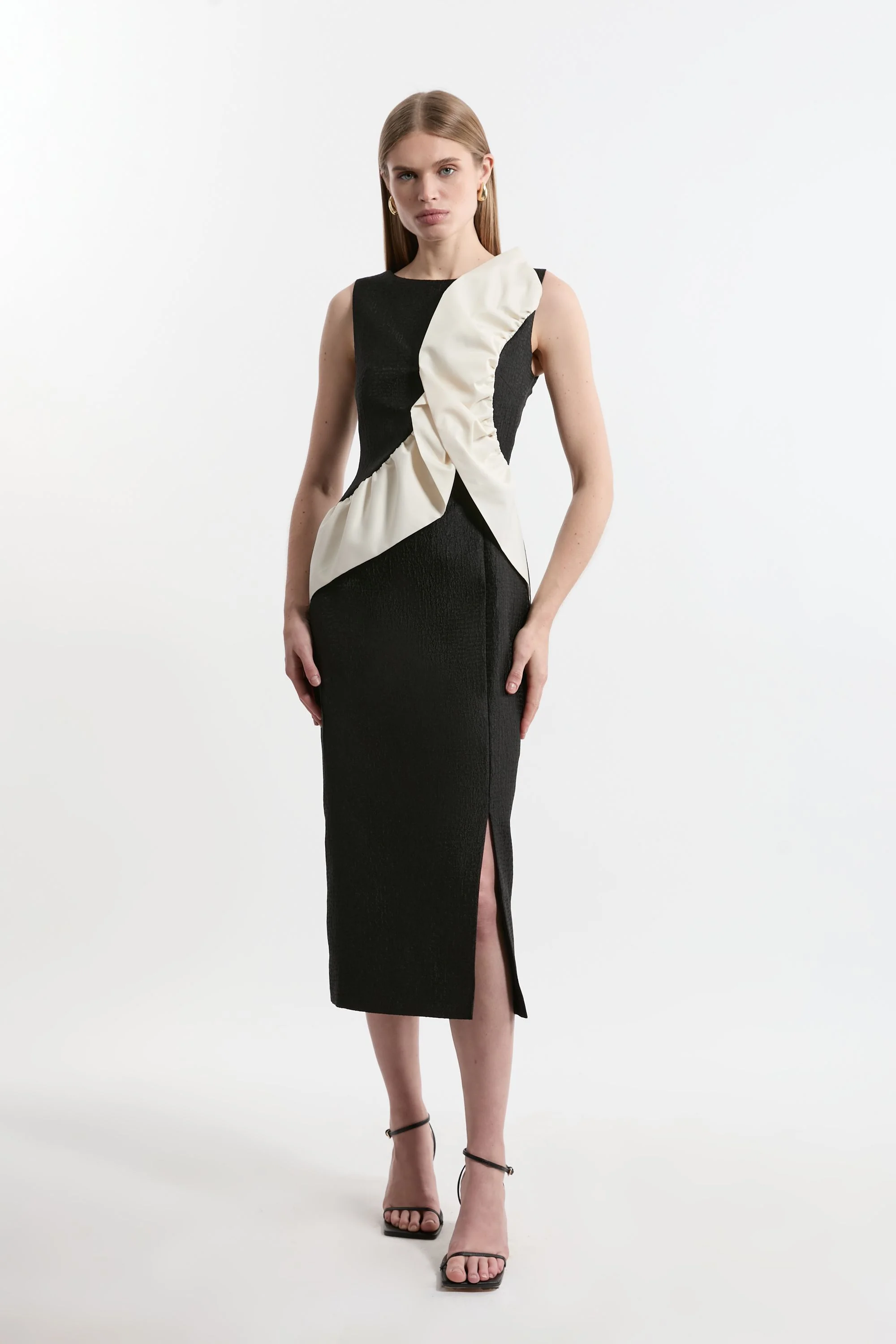Textured Tailored Contrast Taffeta Ruffle Midi Dress - 1