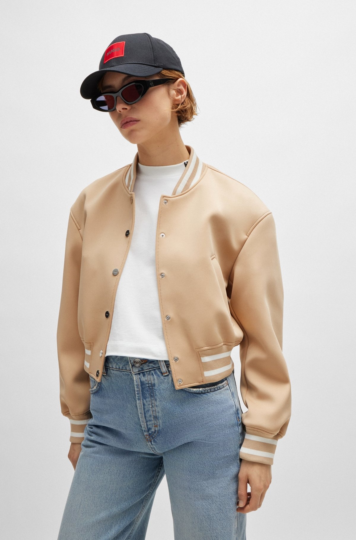 CROPPED BOMBER JACKET WITH STRIPED TRIMS IN RELAXED FIT - 2