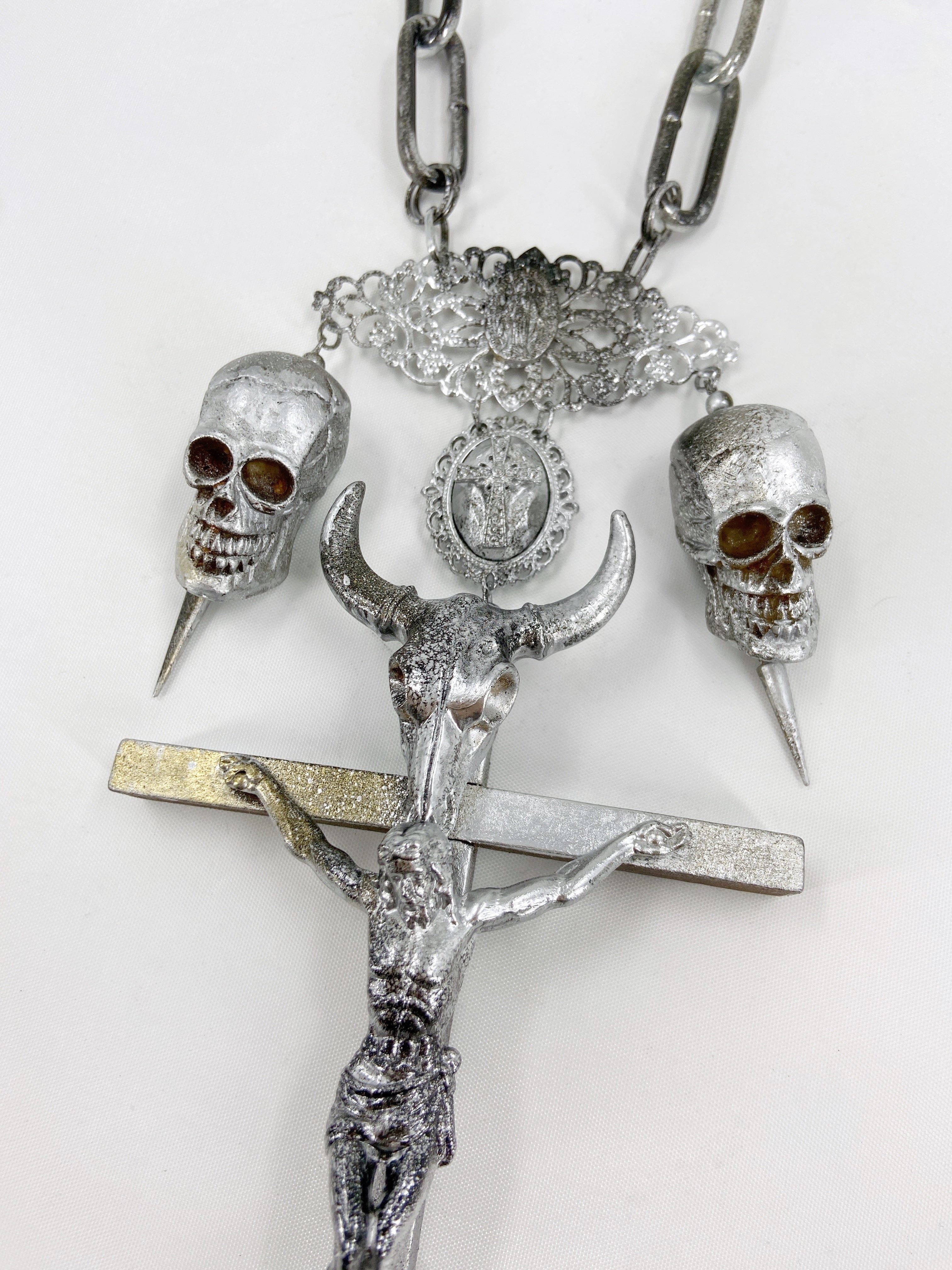 Jean Paul Gaultier 90S Sample 1/1 XXL Silver Crucifix Cross Bull Skull Spiked Chain Necklace - 9