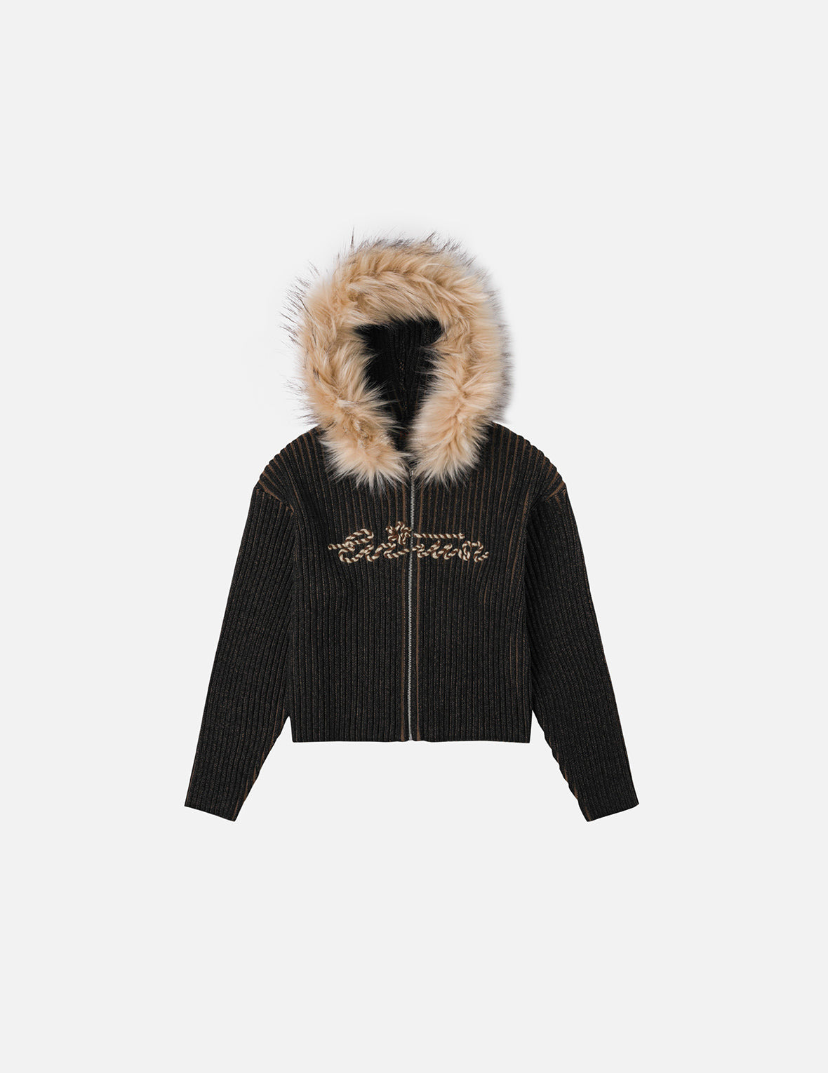Logo Rope Embroidery Regular Fit Knitted Jacket with Hooded - 3