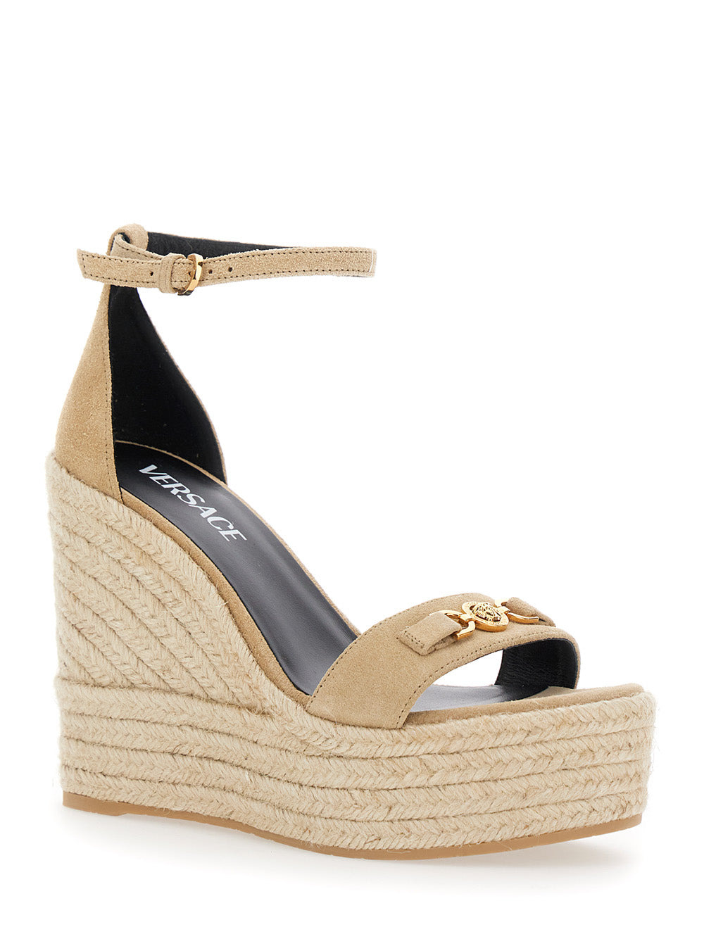 Versace Women Beige Wedges With Adjustable Buckle Closure And Medusa Plaque On The Front In Leather  - 2
