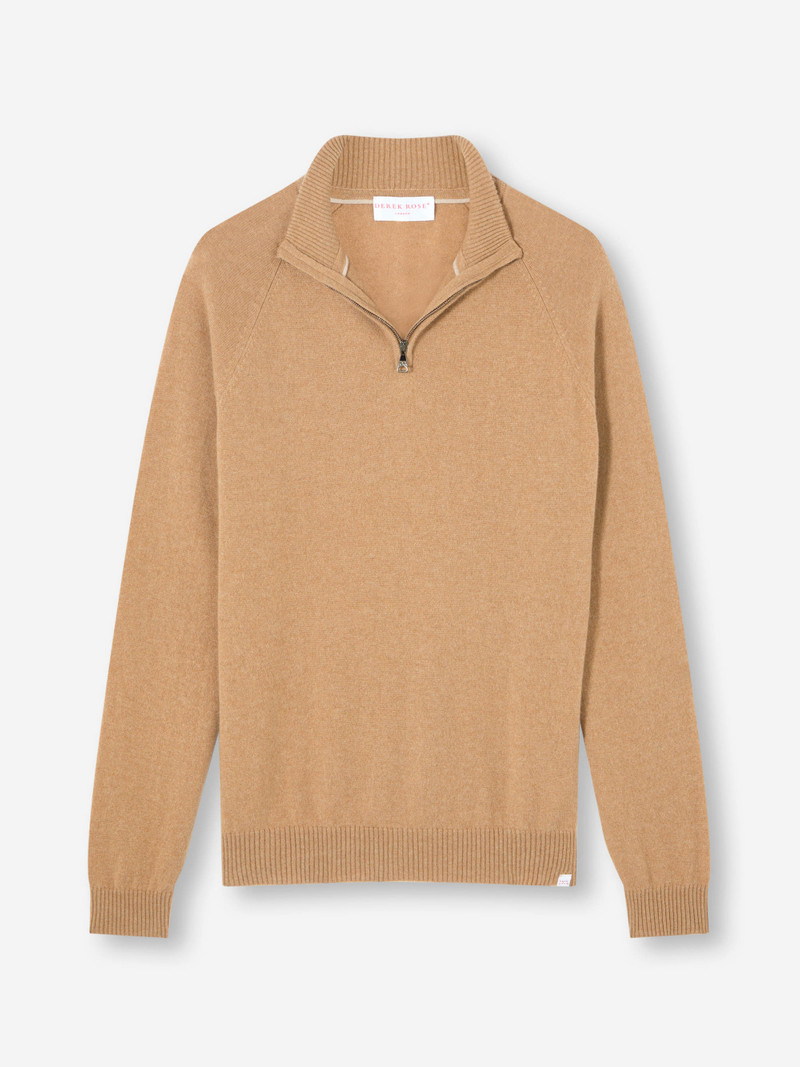 Derek Rose Men's Half-Zip Sweater Finley Cashmere Camel outlook