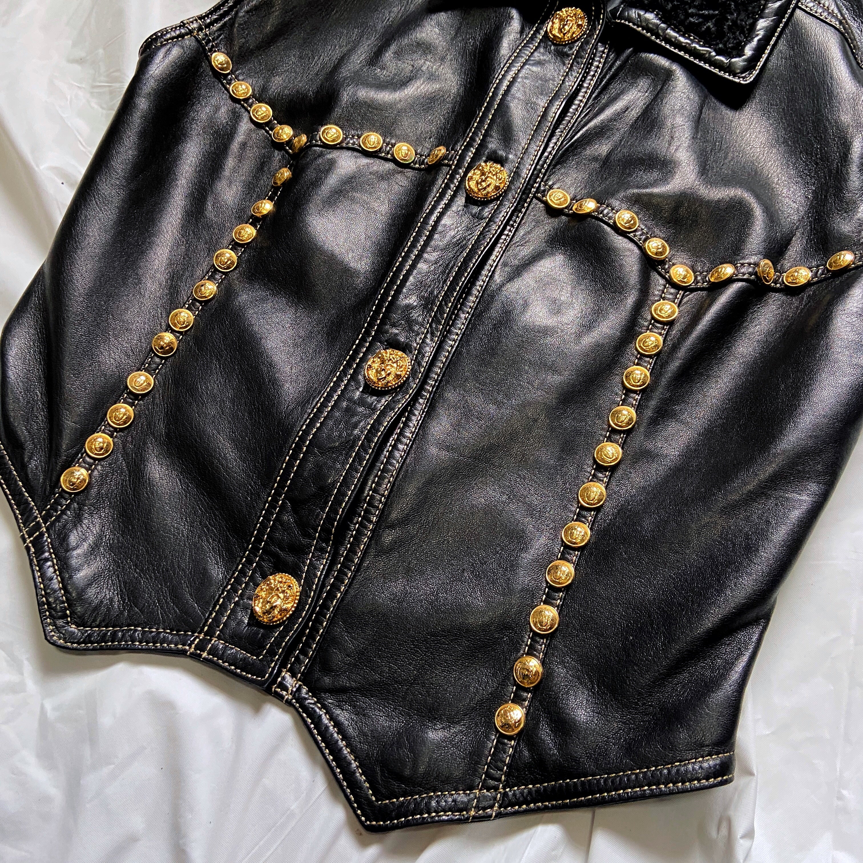 Gianni Versace Fall 1992 Midnight Cowgirl Lambskin Leather Vest with Mongolian Hair Collar and Gold  - 8