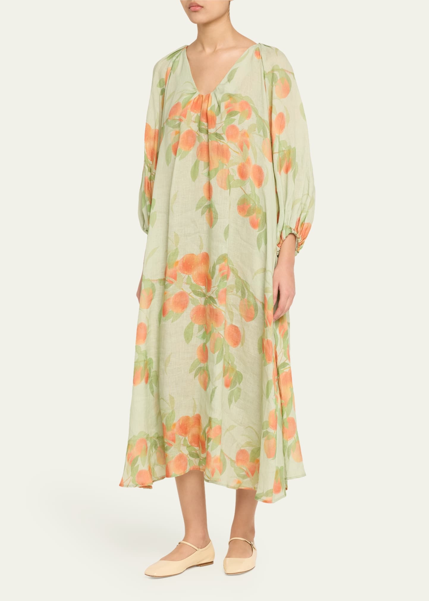 Peach Print Puff-Sleeve Linen Dress - 4