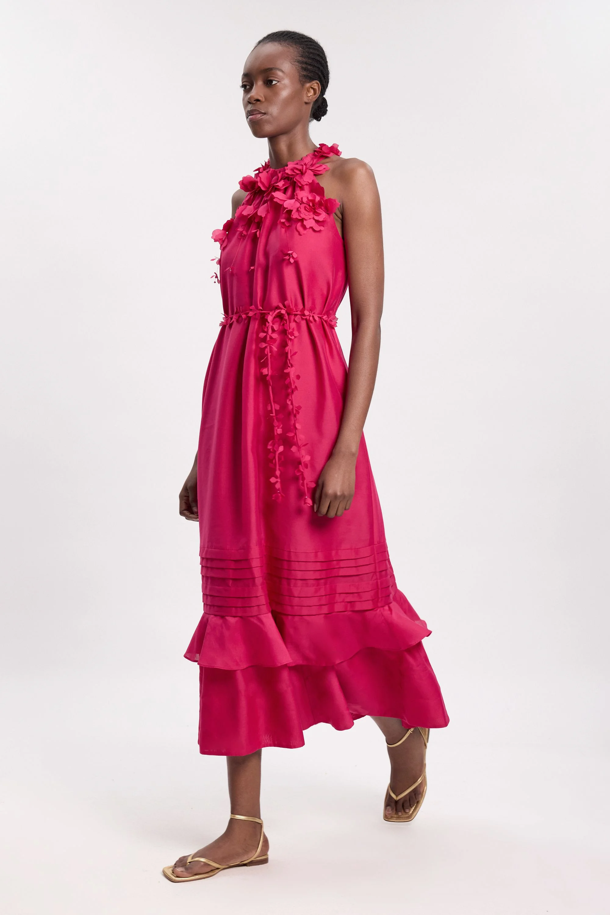 Floral Applique Woven Halter Woven Tier Maxi Dress - 1