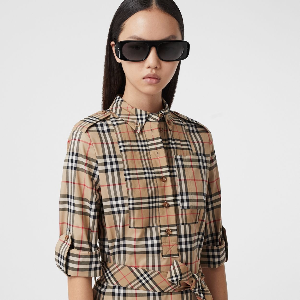 Contrast Check Stretch Cotton Tie-waist Shirt Dress - 3