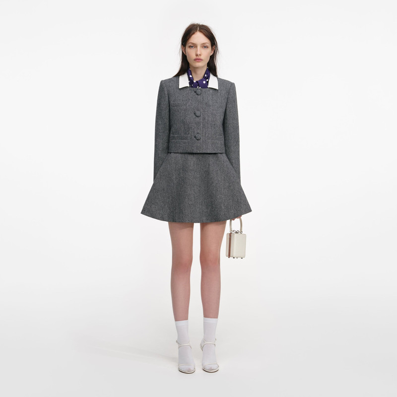 Grey Herringbone Scarf Detail Jacket 1