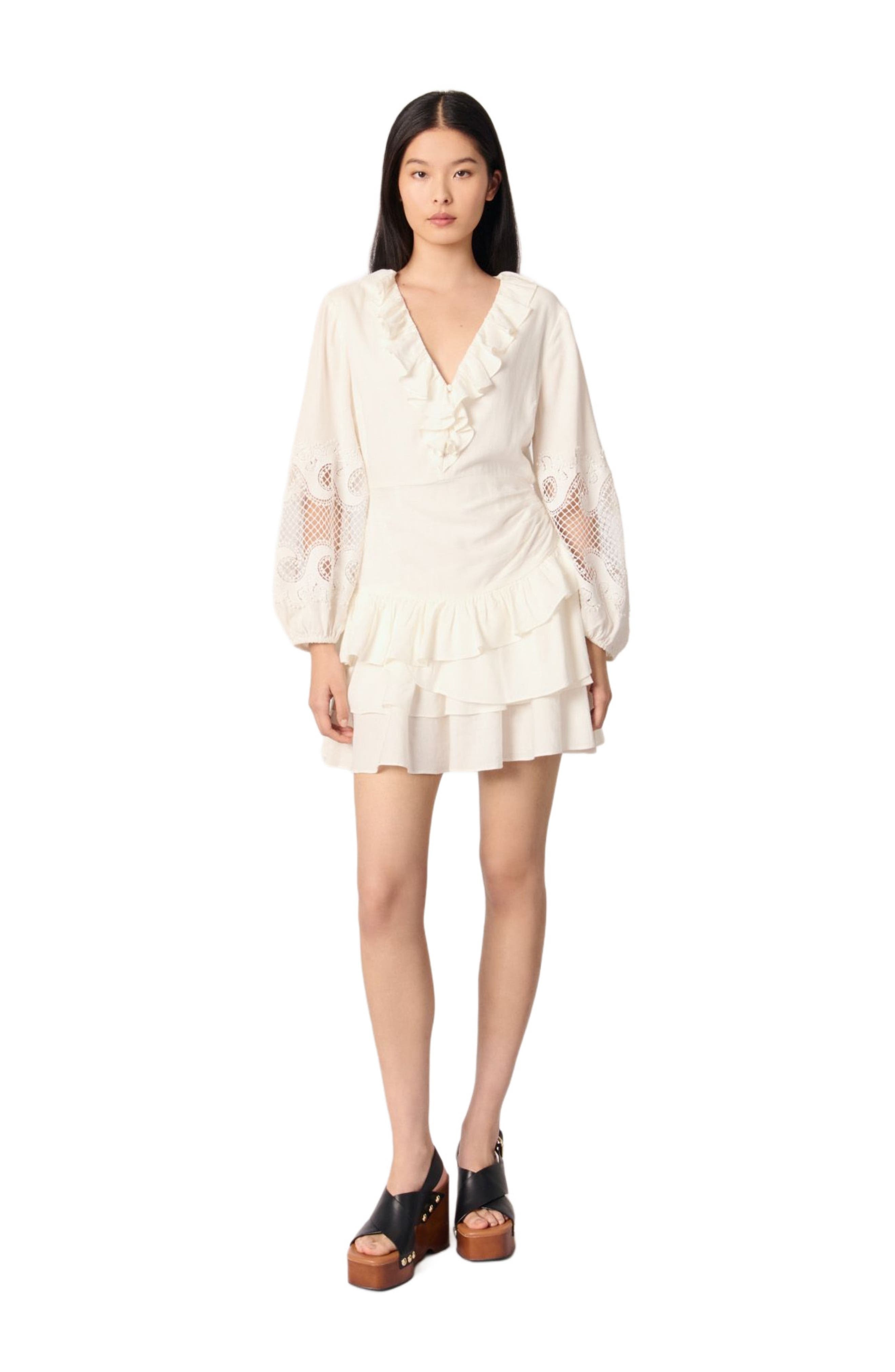 maje Ruffled embroidered sleeve dress in Ecru at Nordstrom - 3