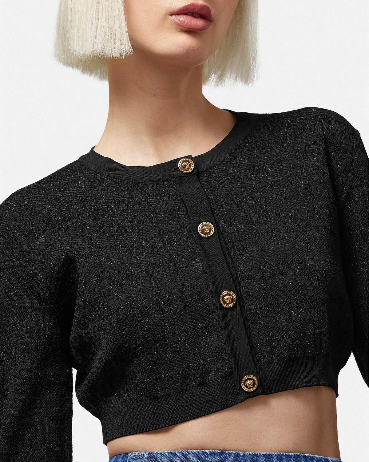 Black Greca-jacquard knitted cropped top, Versace