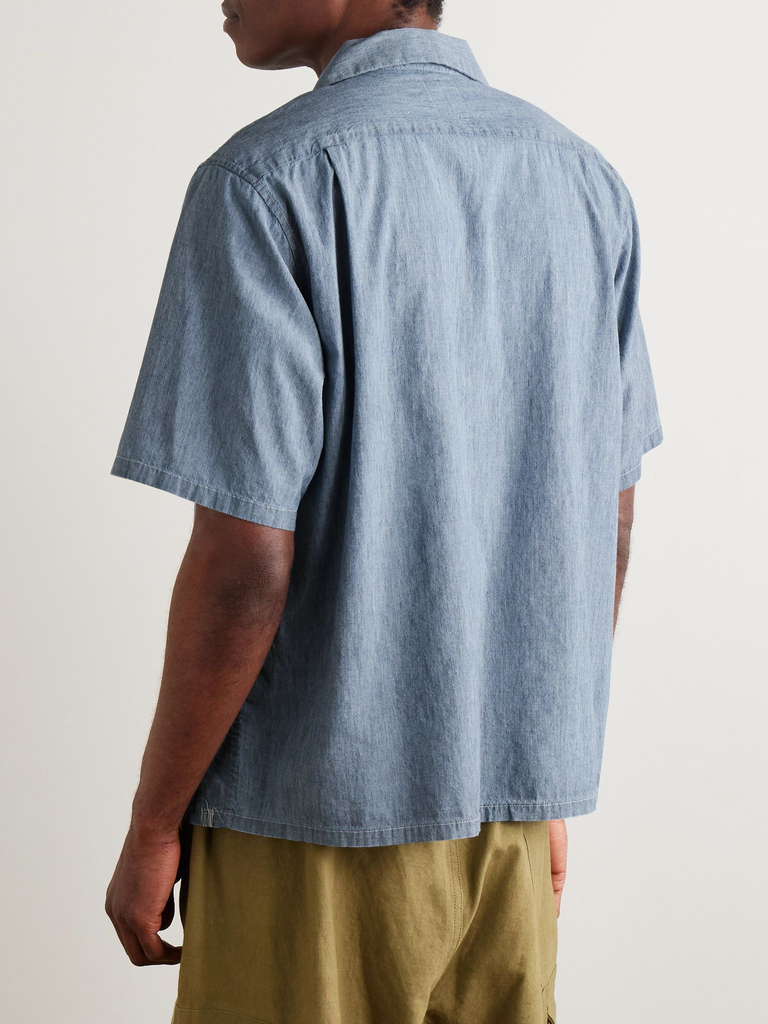 Keesey Convertible-Collar Logo-Embroidered Cotton and Silk-Blend Chambray Shirt Light blue - 3