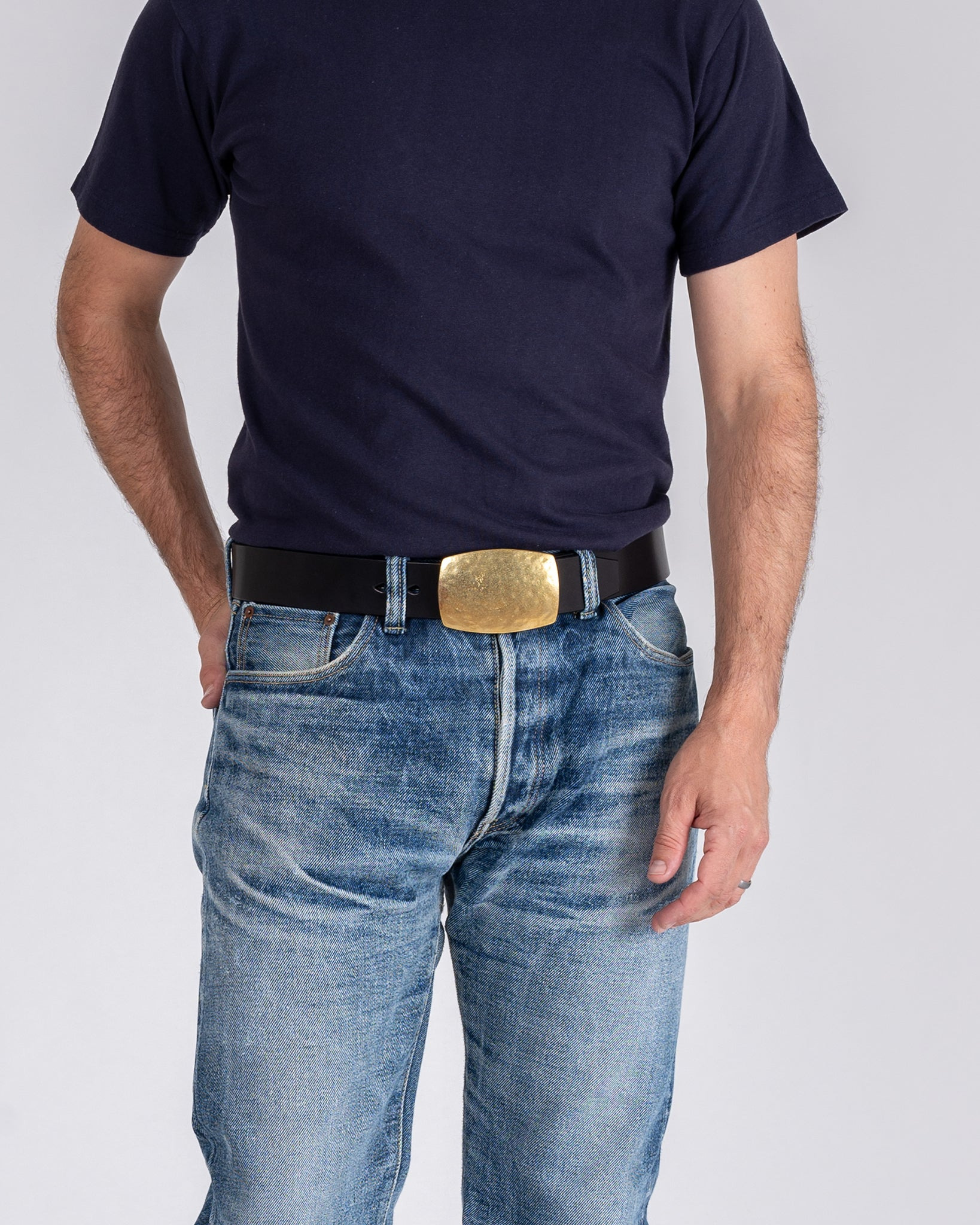 IHB-09-BLKB Heavy Plate Brass Buckle Tochigi Leather Belt - Black - 2