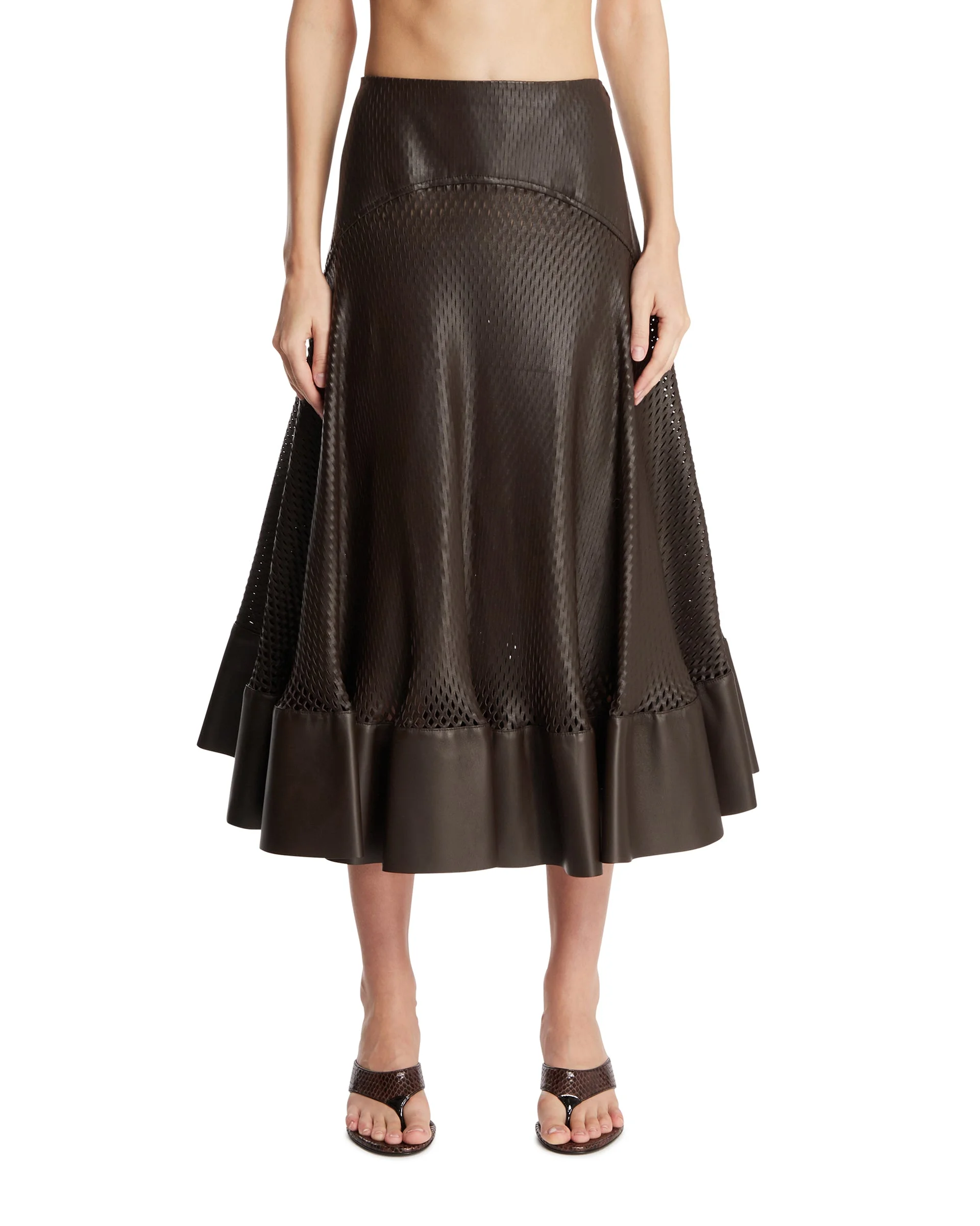 Brown Perforated Leather Flared Skirt - 1