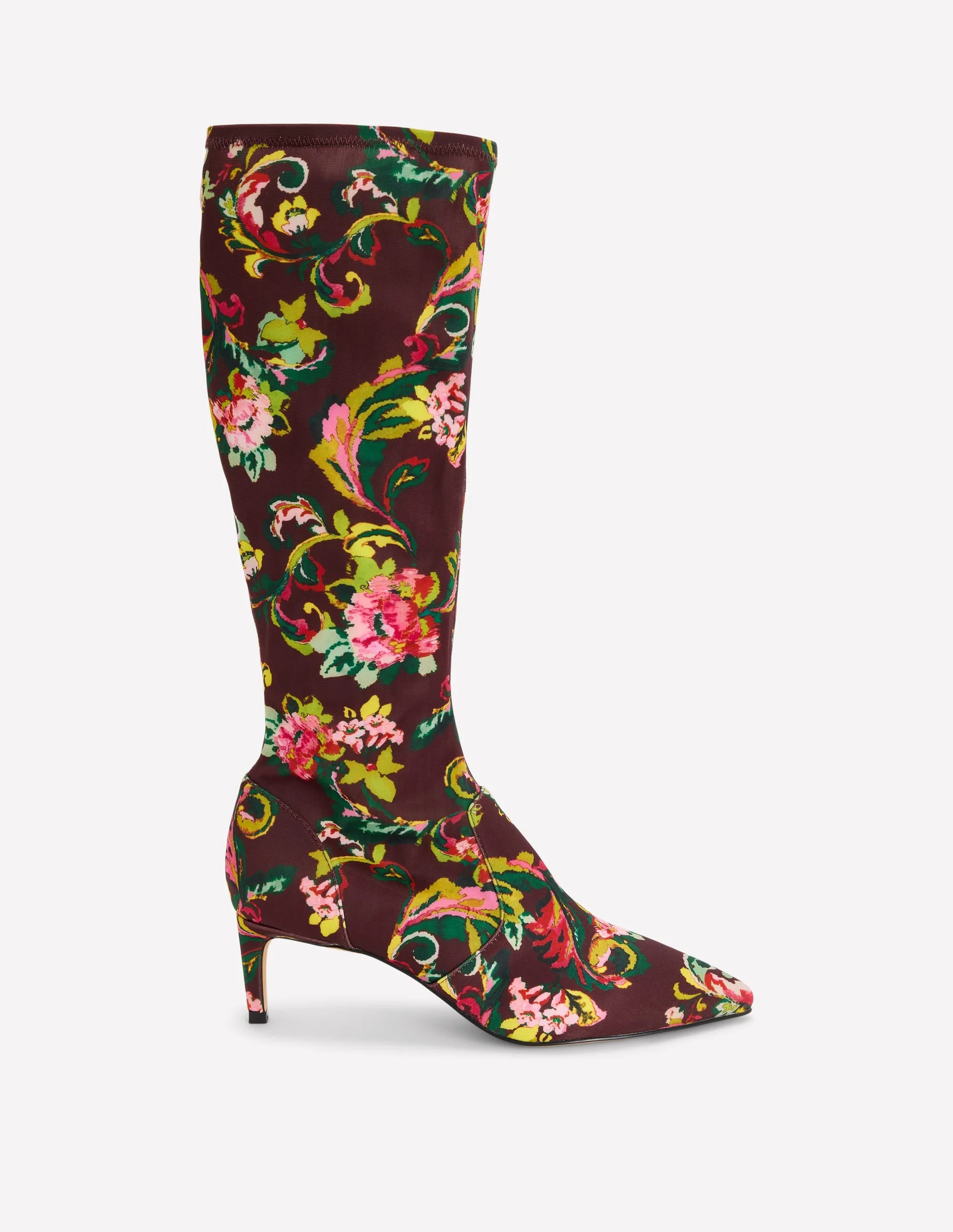Stretch Kitten Heel Boots-Floral Print - 1