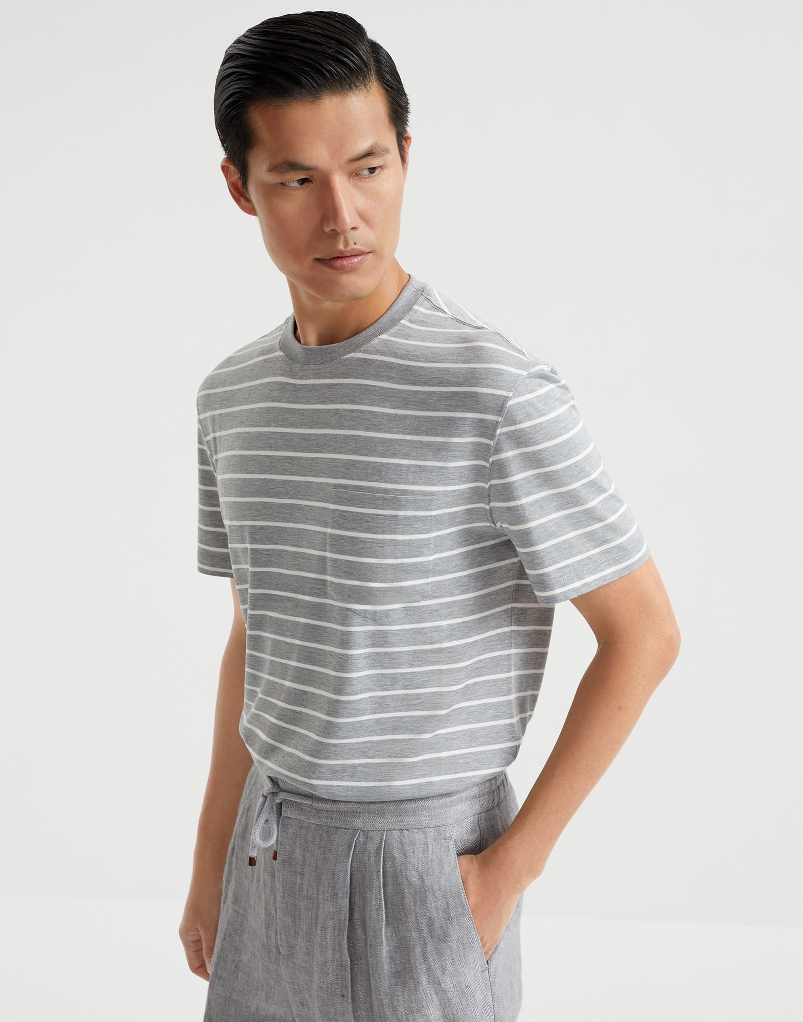 Silk and cotton striped jersey crew neck T-shirt with chest pocket - 8
