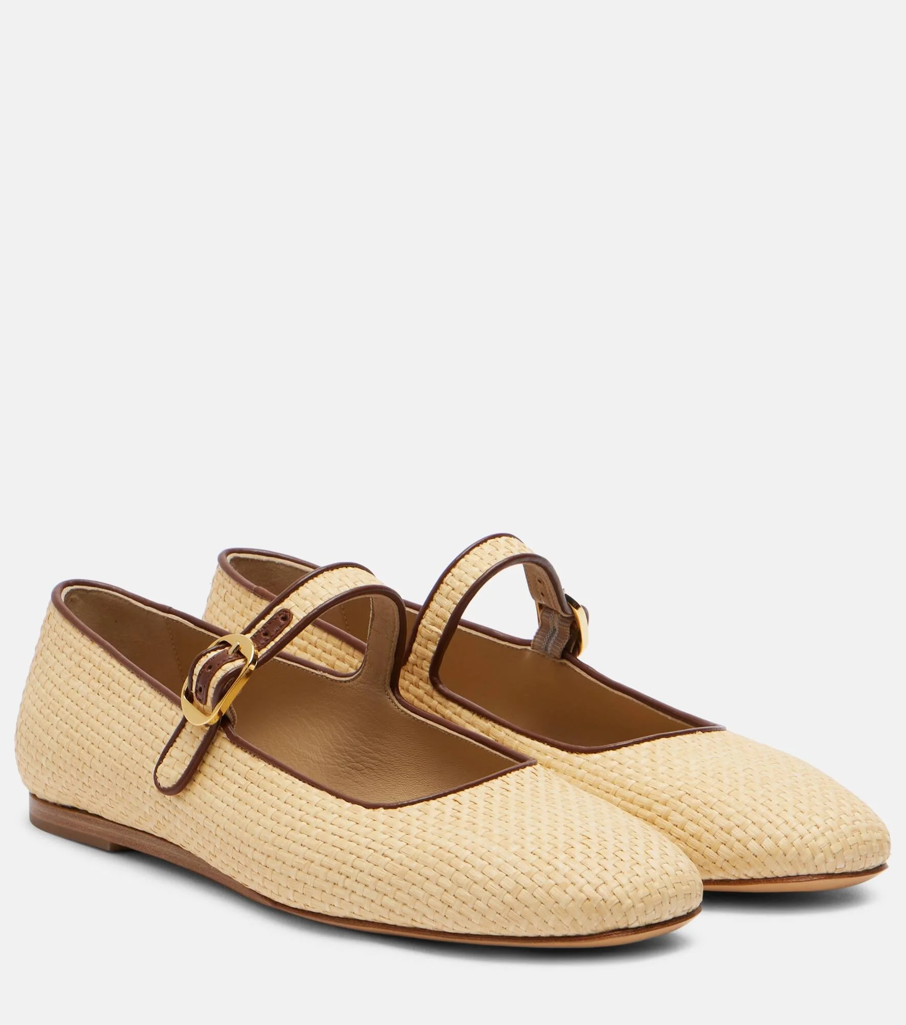 Leather-trimmed raffia Mary Jane flats - 1