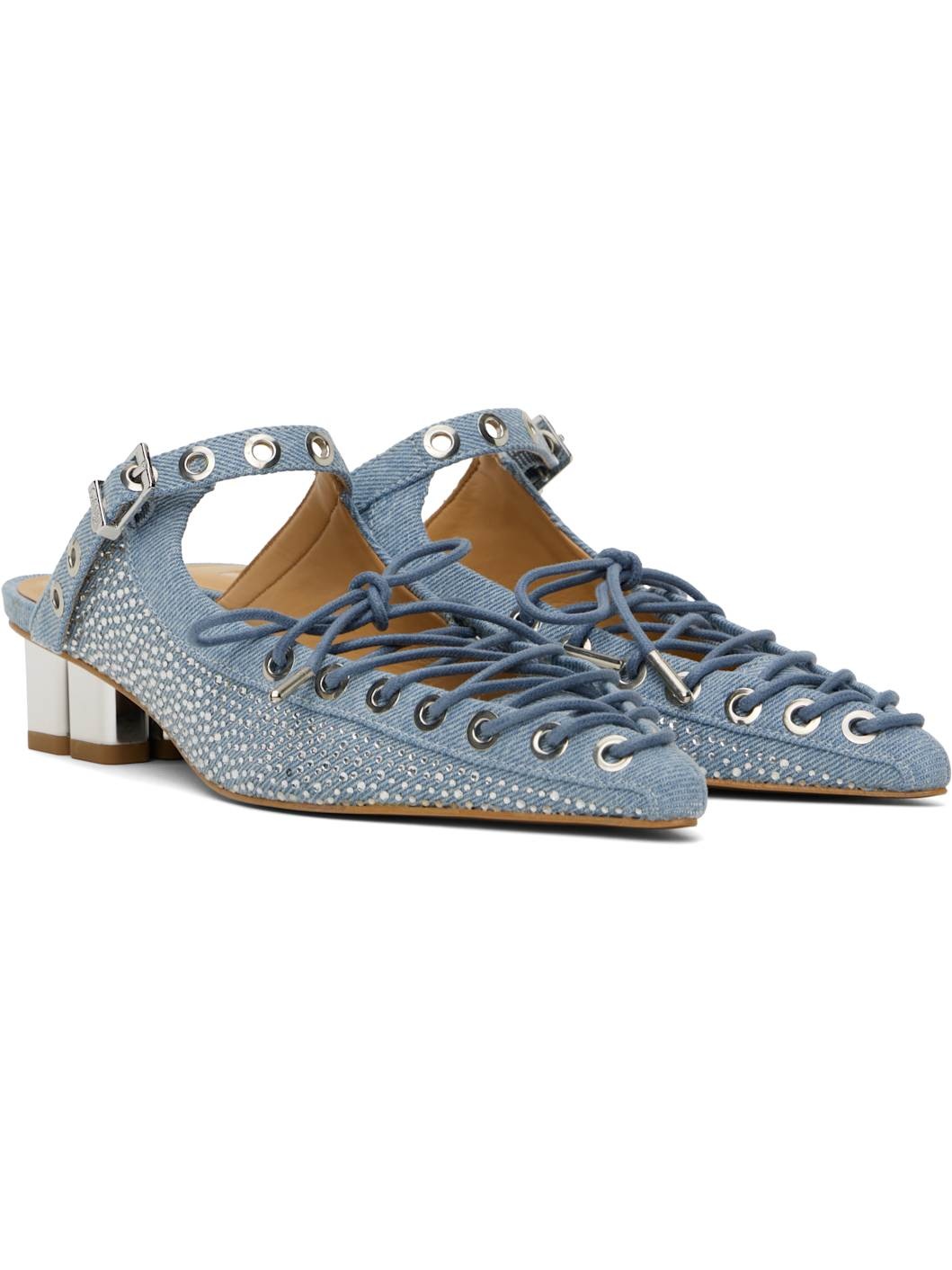 Blue Lace-Up Denim Mules - 4