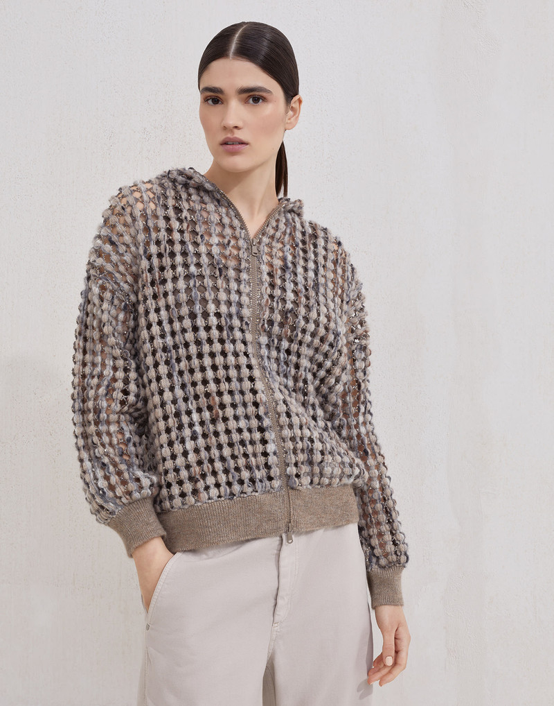 Virgin wool, cashmere and mohair balloon net embroidery cardigan with hood 1