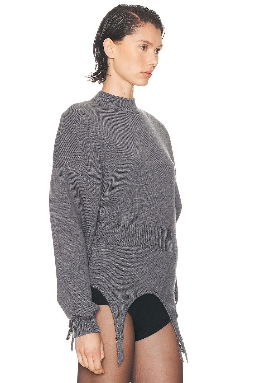 High Neck Bat Sleeves Lingerie Garter Pullover Sweater - 2