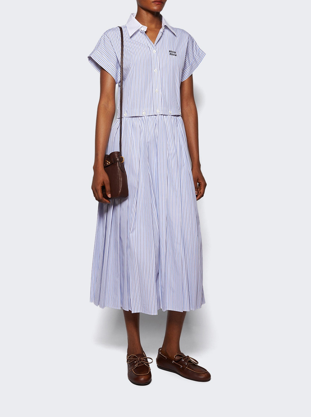 Pleated Striped Poplin Midi Dress Bianco And Celeste - 2