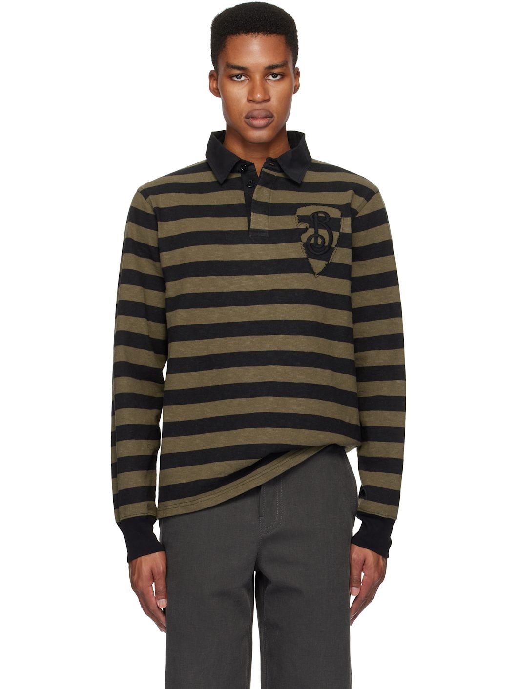 Khaki Long-Sleeve Striped Cotton Polo - 1