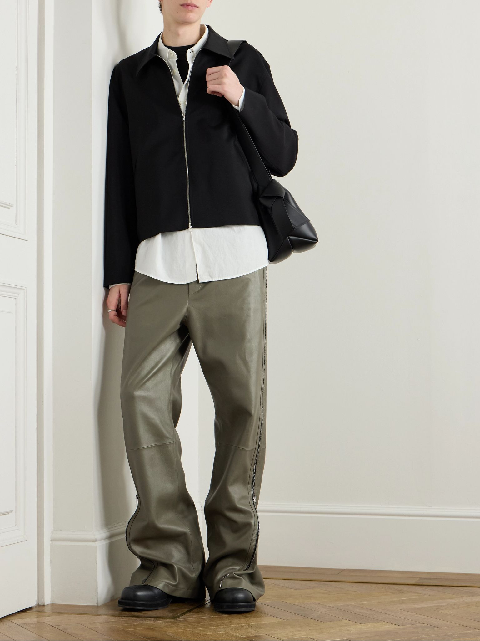 Straight-Leg Zip-Detailed Leather Drawstring Trousers Green - 2