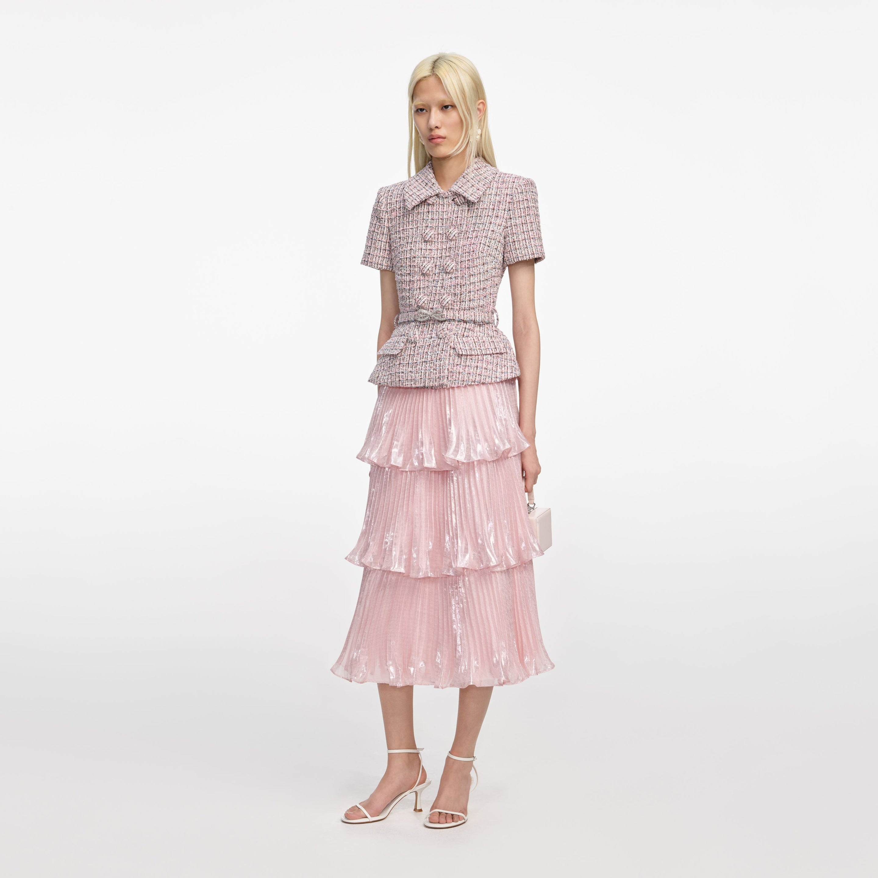 Pink Boucle Metallic Tiered Midi Dress - 2