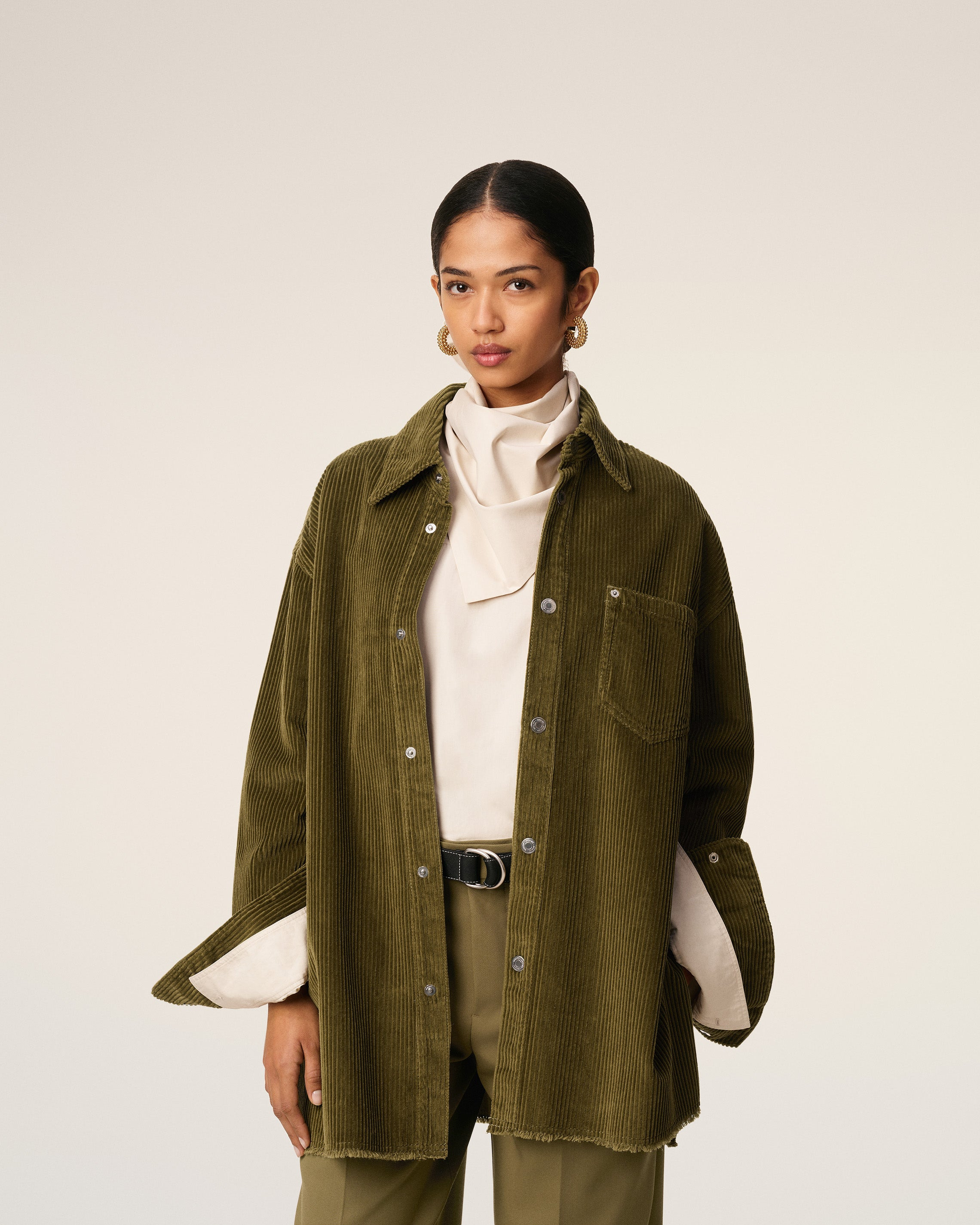 GREEN COTTON CORDUROY SIDE SLIT OVERSHIRT - 3