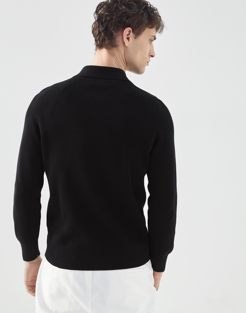 Brunello Cucinelli Cotton English rib polo-style sweater with raglan sleeves outlook