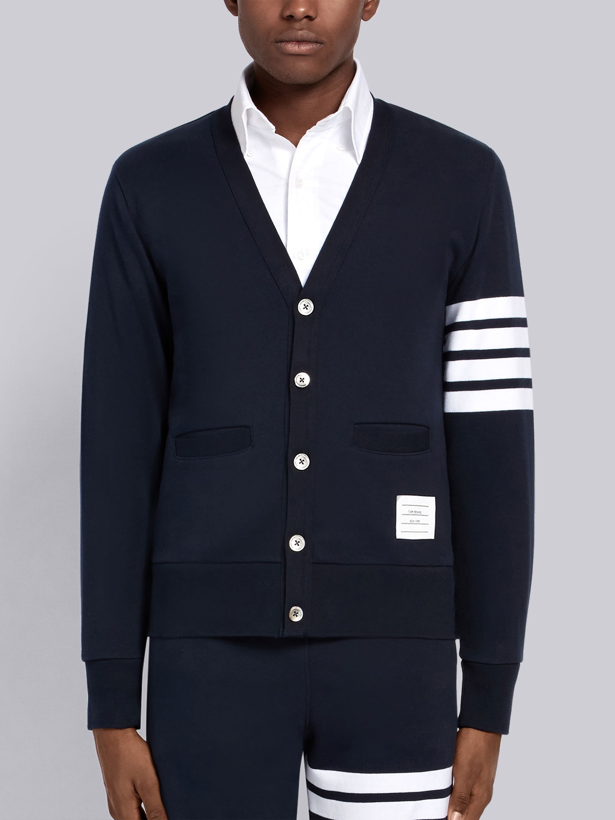 Navy 4-Bar Loopback Jersey V-Neck Cardigan - 1