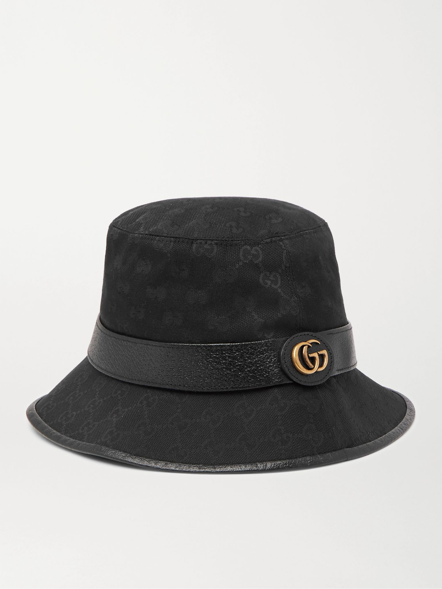 Leather-Trimmed Monogrammed Canvas Bucket Hat Black - 1