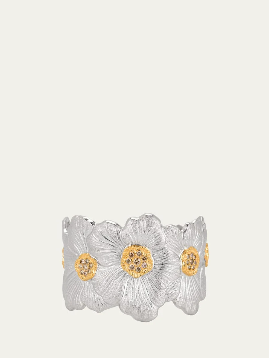 Silver and 18k Yellow Gold Gardenia Blossoms Bracelet With Diamonds - 1
