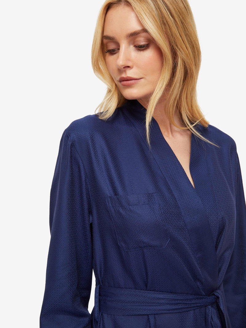 Women's Long Dressing Gown Lombard 6 Cotton Jacquard Navy - 2
