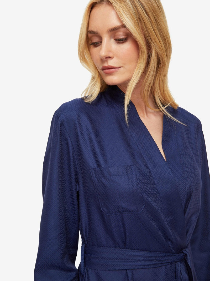Derek Rose Women's Long Dressing Gown Lombard 6 Cotton Jacquard Navy outlook