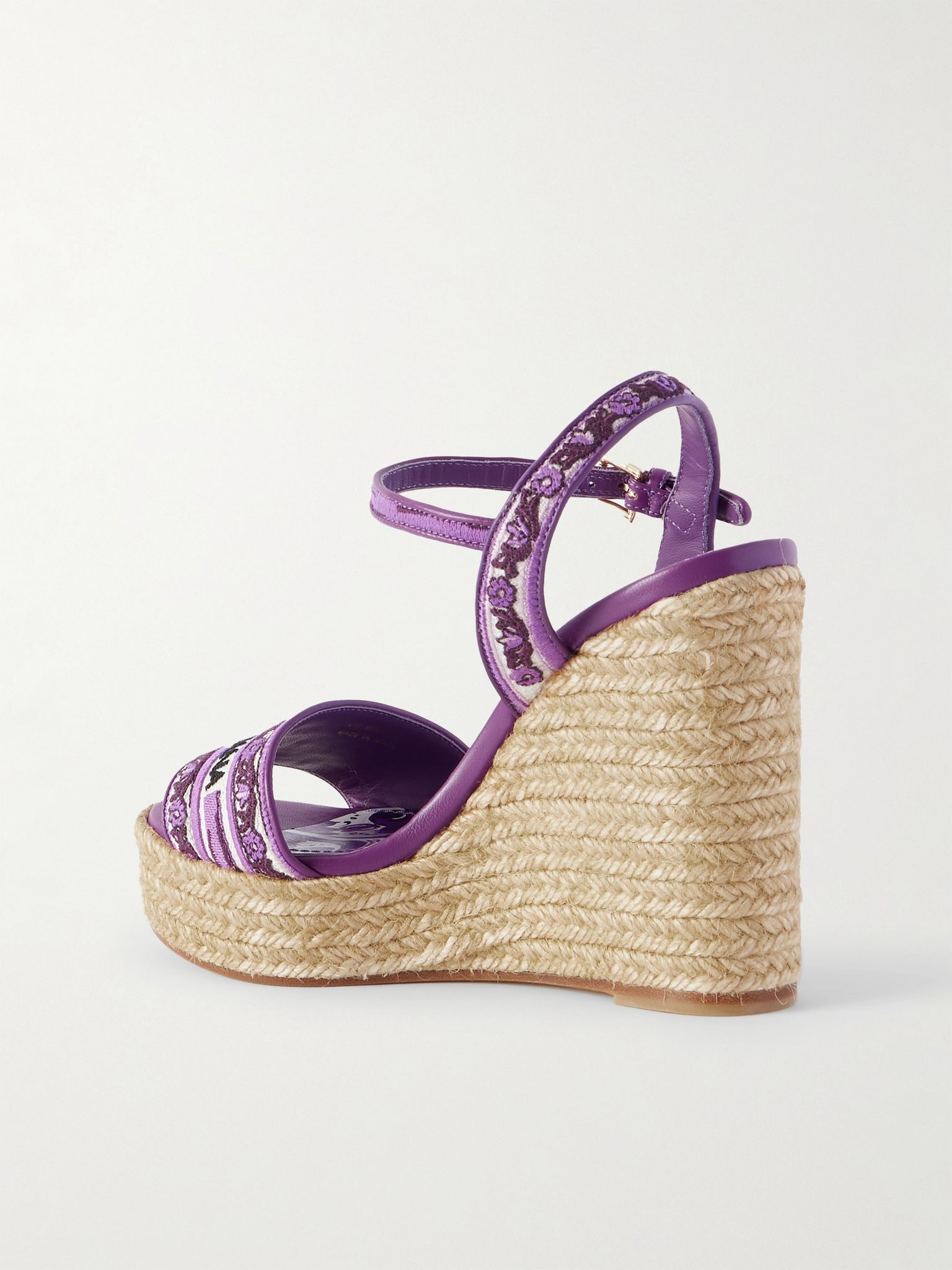 Leather-trimmed embroidered canvas platform wedge sandals Purple - 3