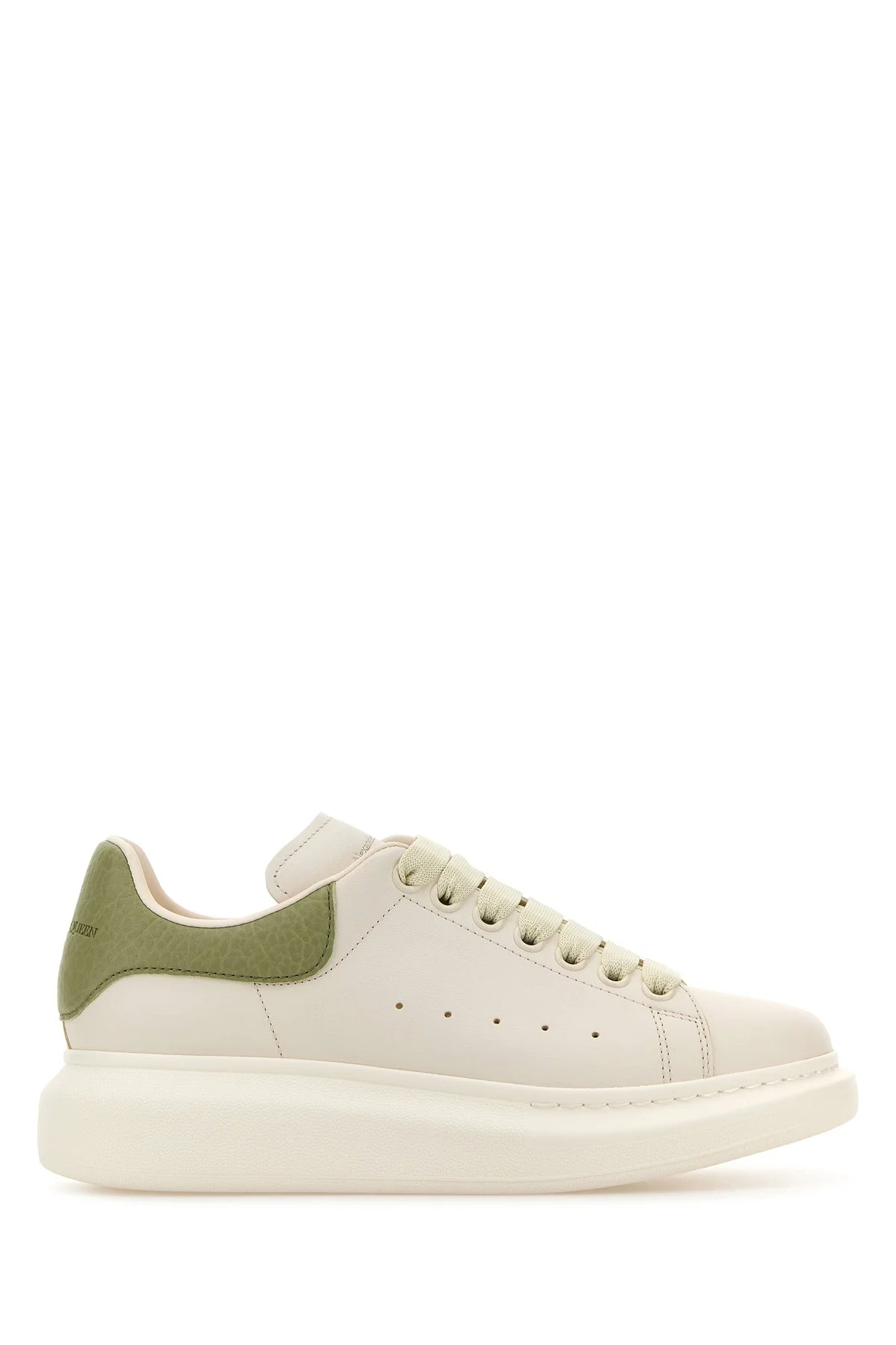 White leather sneakers with sage green leather heel - 1