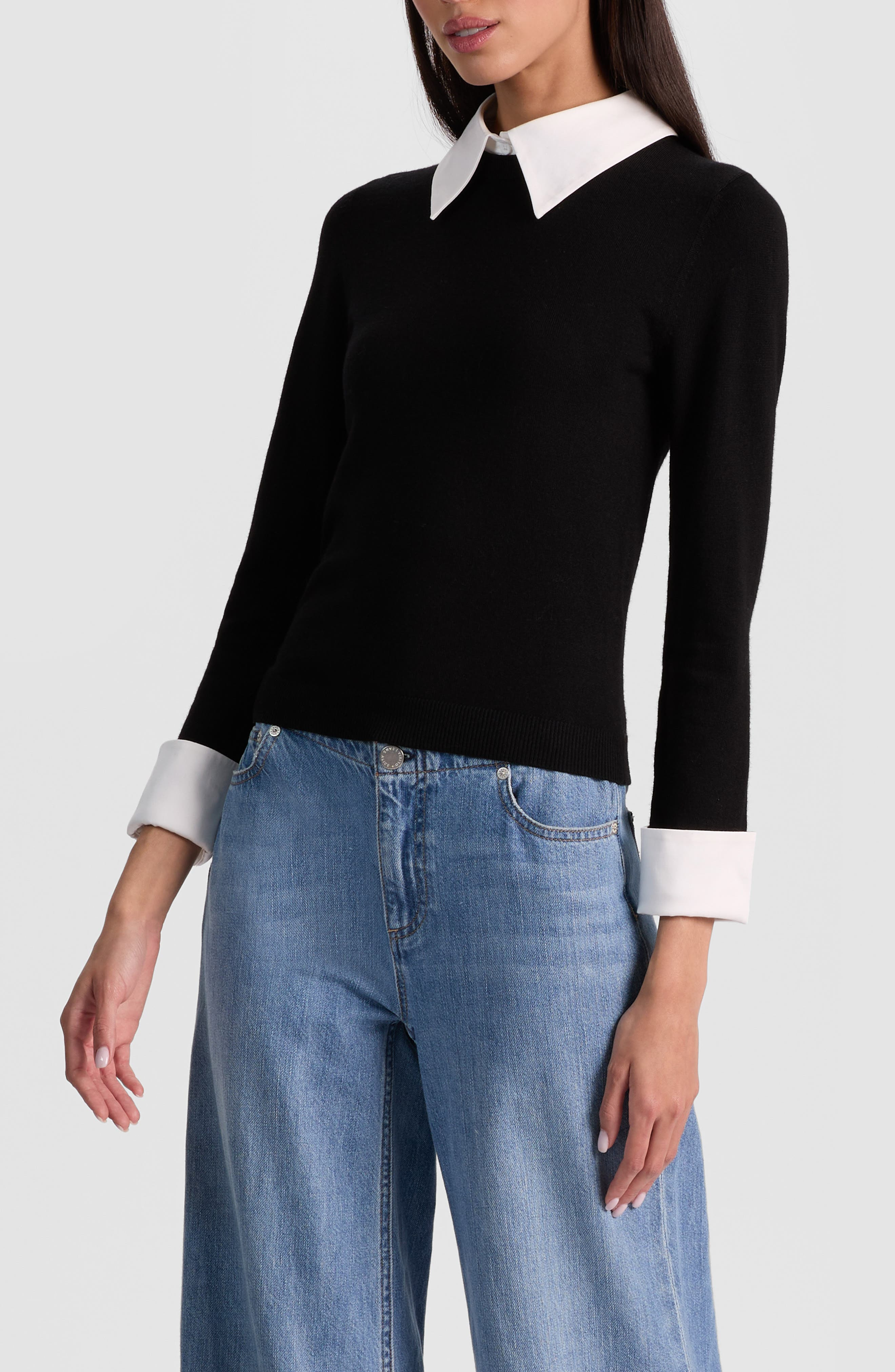 Alice + Olivia Porla Collared Wool Blend Mixed Media Sweater in Black at Nordstrom - 3