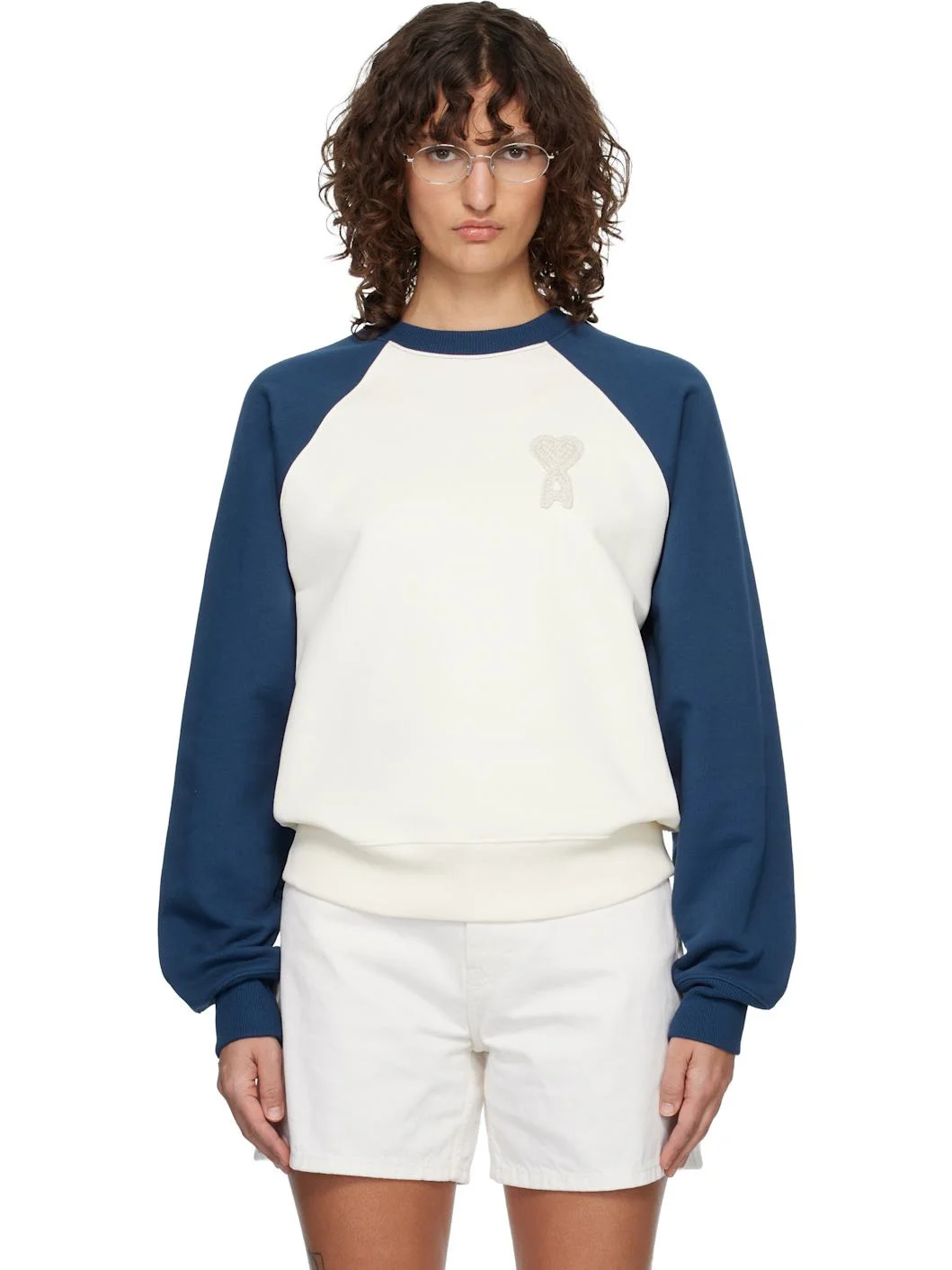 Off-White & Navy Cotton Knitted Ami de Coeur Sweatshirt - 1