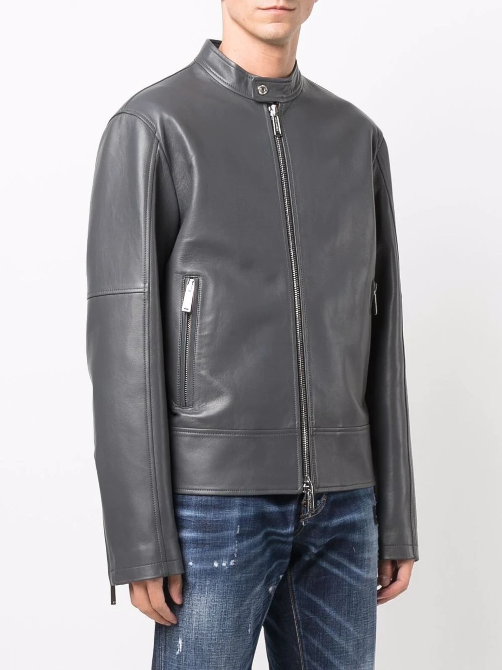 grained leather zip-up jacket - 4