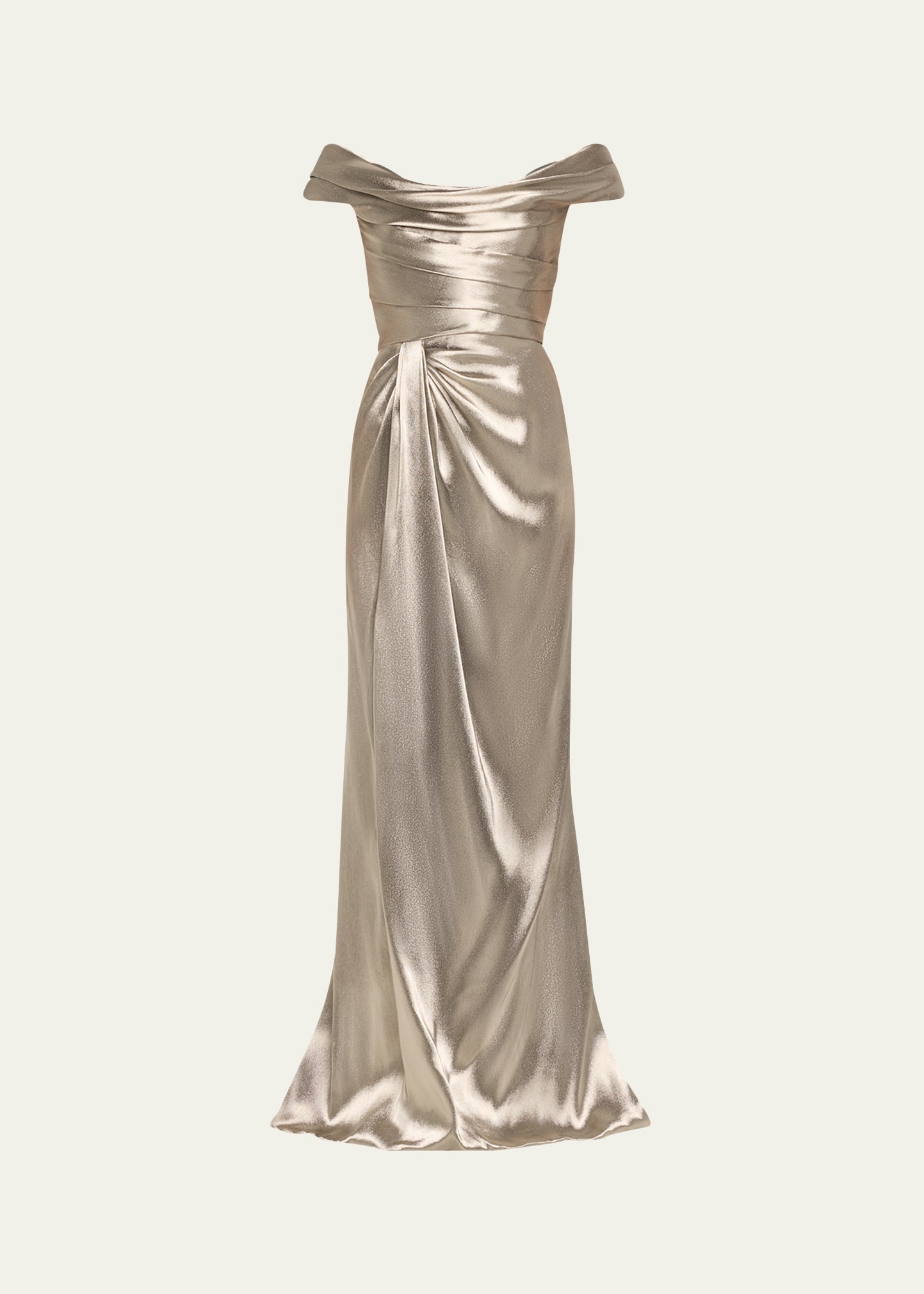 Off-Shoulder Hand Draped Metallic Gown with Slit - 1