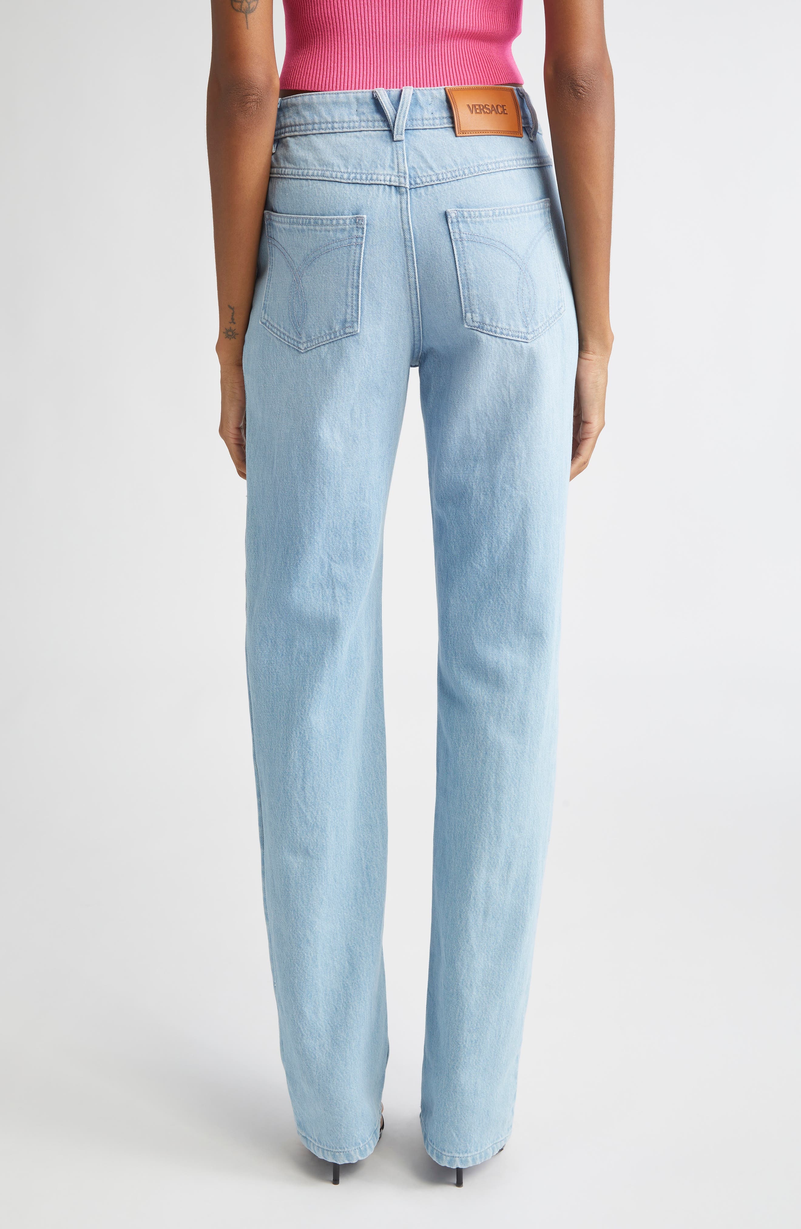 Versace Embellished Straight Leg Jeans in Light Blue at Nordstrom - 3