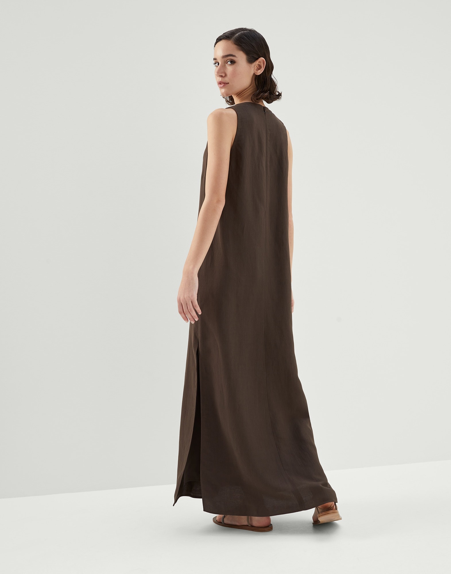 Viscose and linen fluid twill dress with monili - 2