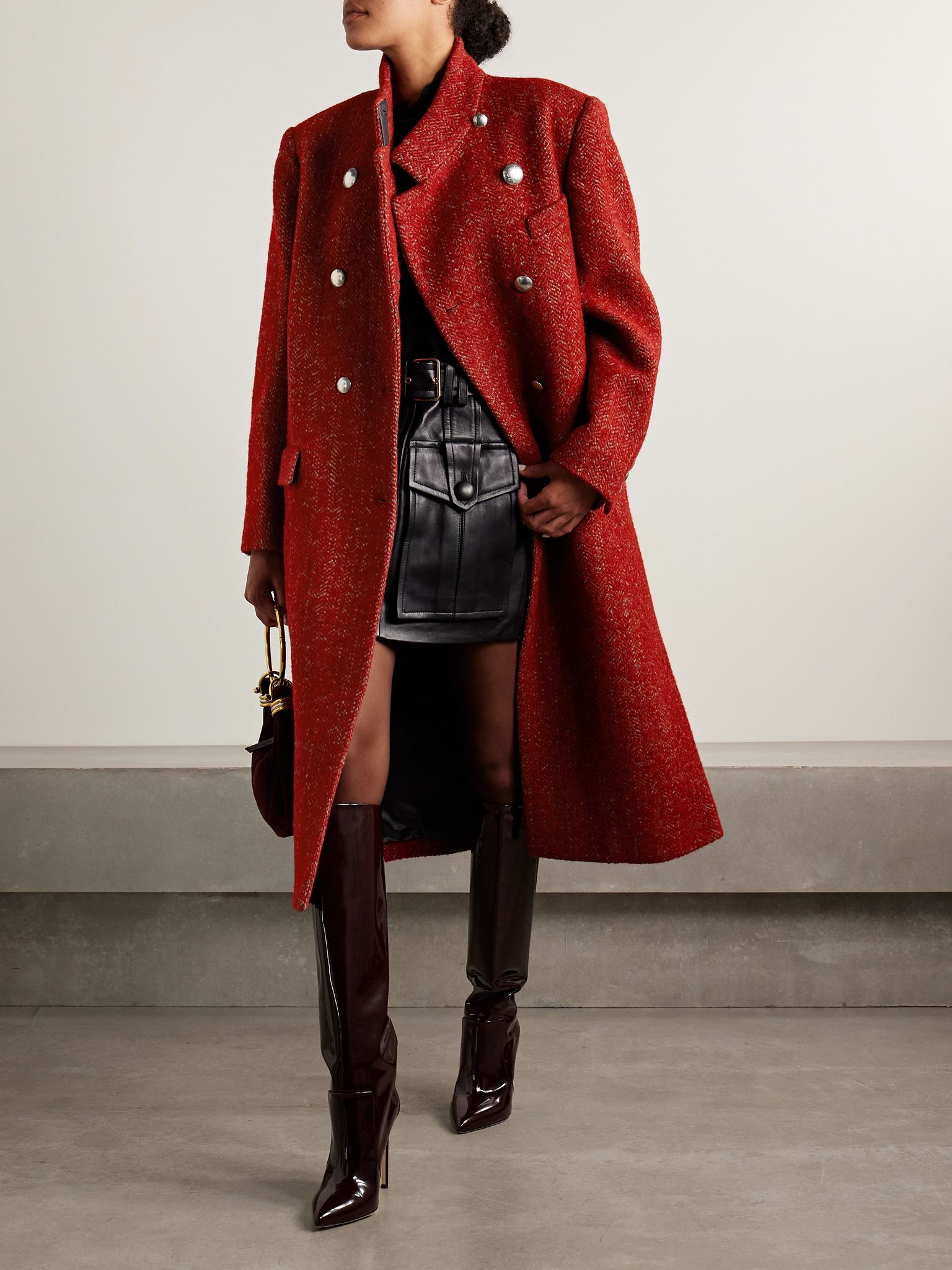 Giusa double-breasted herringbone-twill coat Red - 2