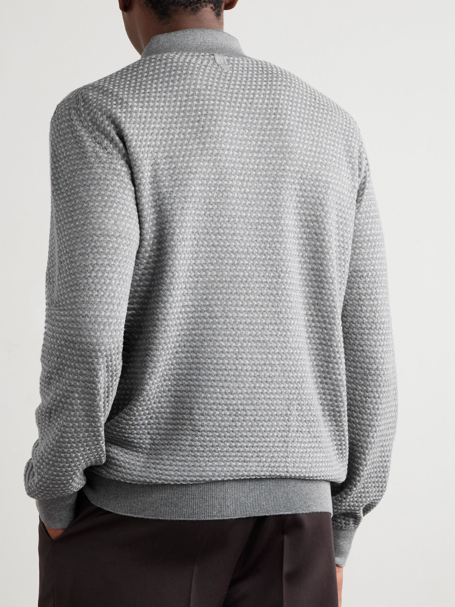 Basketweave Jacquard-Knitted Wool Half-Zip Polo Shirt Gray - 4