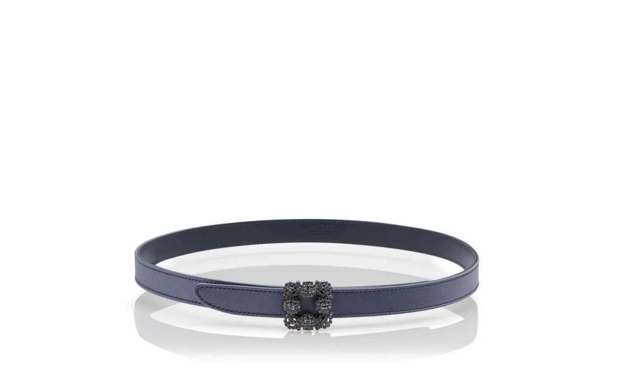 Blue-Grey Satin Crystal Buckled Belt - 1