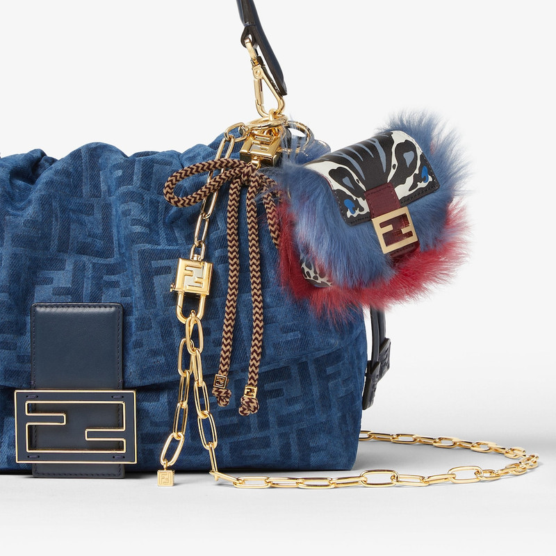 Nano Baguette Charm Printed leather and blue and red shearling charm 3