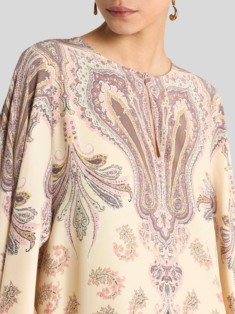 LONG SILK DRESS WITH CAPE AND PLACED PRINT 2