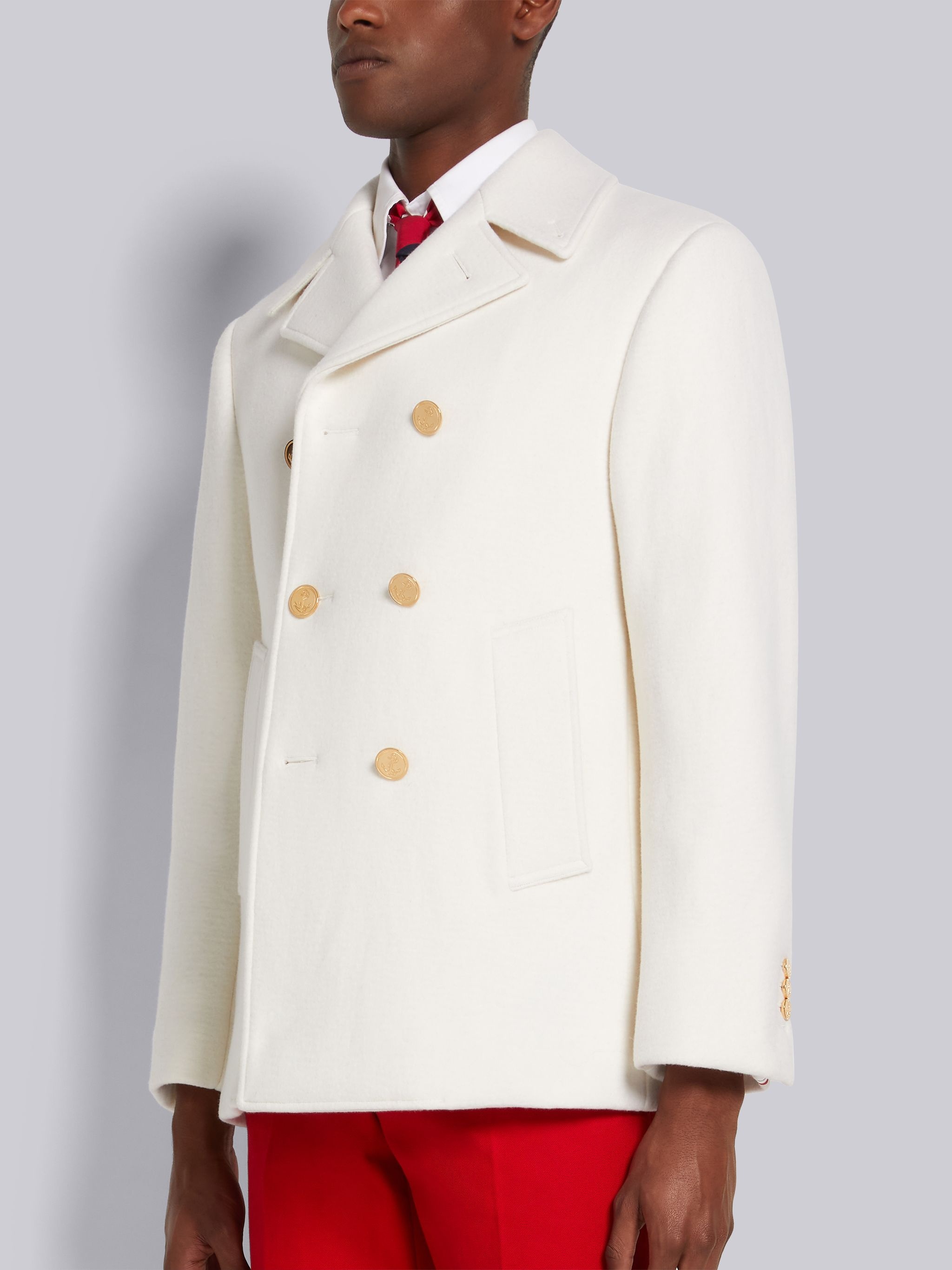 White Boiled Wool Engineered Center Back Stripe Classic Peacoat - 2